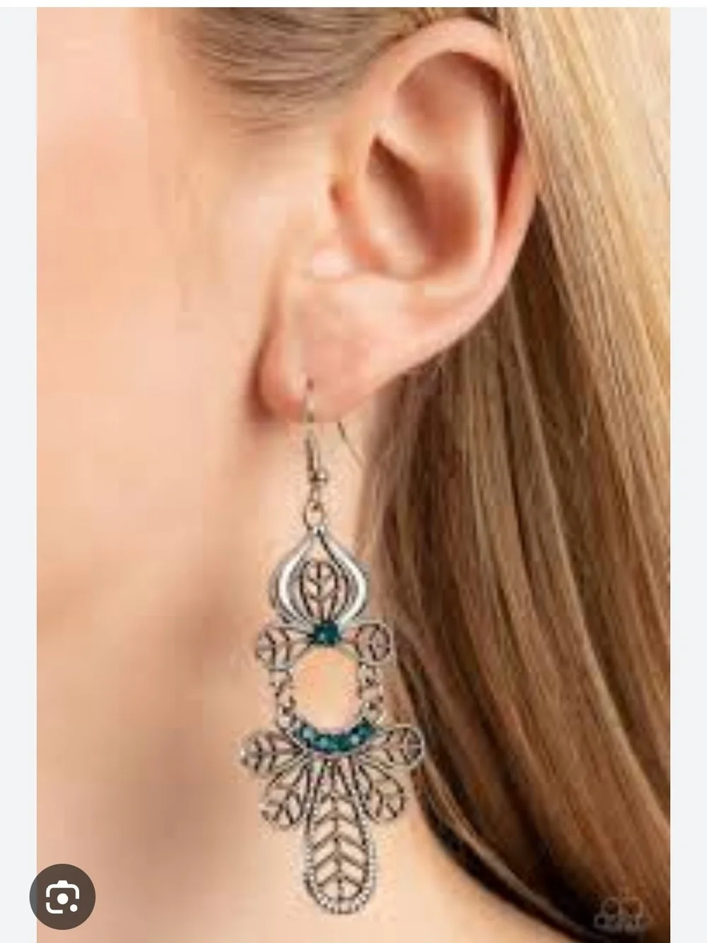 paparazzi Silver Filigree Chandelier Earrings with Teal Accents